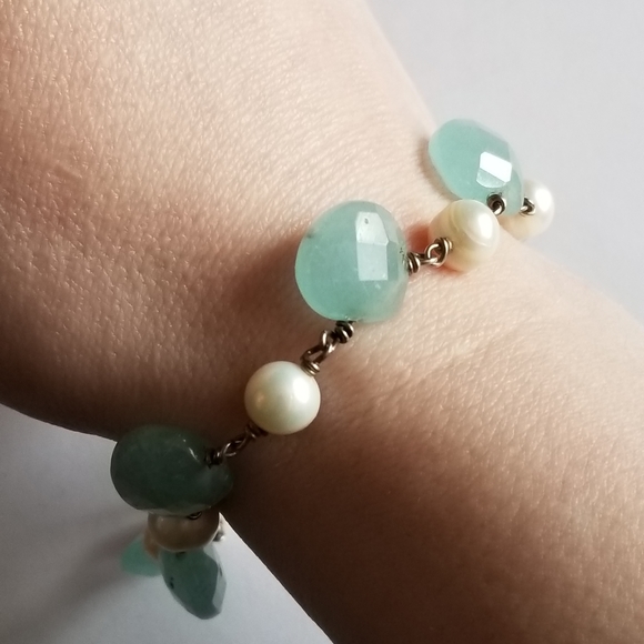 Chalcedony and pearl bracelet .925 sterling silver real mint sea white bead - Picture 5 of 16